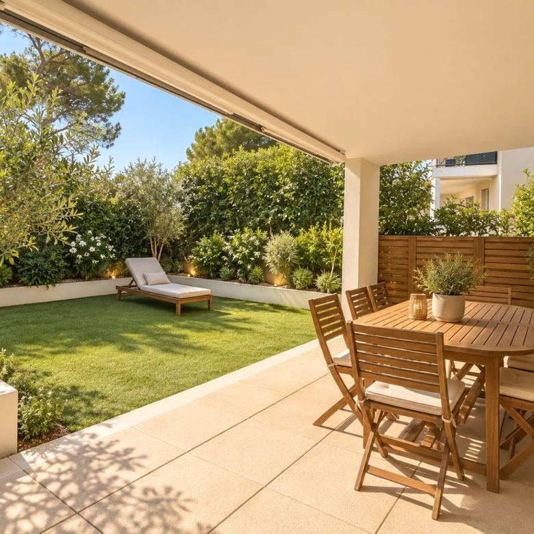 ANTIBES TERRIERS– RARE REZ-DE-JARDIN 3 PIÈCES AVEC 50 M² D’EXTÉRIEUR PRIVATIF