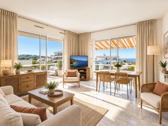 DERNIER ÉTAGE – MAS DU TANIT – JUAN-LES-PINS Environ 90 m² • Terrasse de 100 m² • Triple exposition • Vues mer & montagnes • Piscine