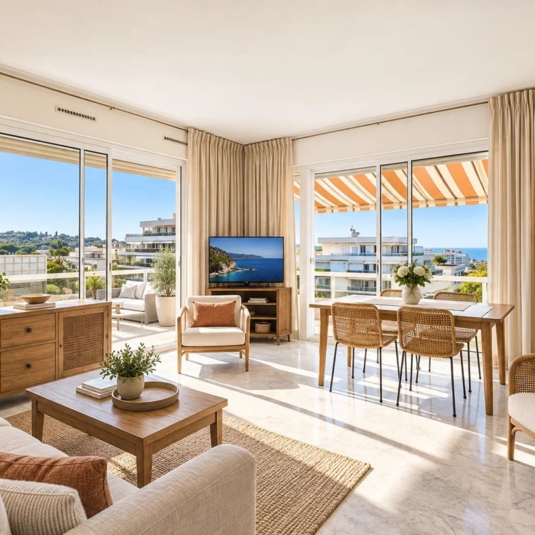 DERNIER ÉTAGE – MAS DU TANIT – JUAN-LES-PINS Environ 90 m² • Terrasse de 100 m² • Triple exposition • Vues mer & montagnes • Piscine